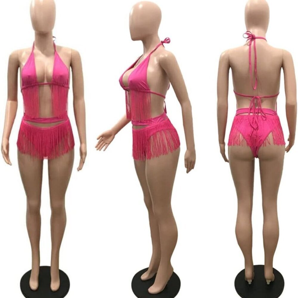 Womens Sexy Tassel 2 Piece Outfits Bikini High Waist Bodycon Bottom Bathing Suit - Picture 4 of 5